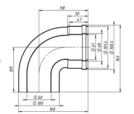 Колено коаксиальное 60х100-90 УТДК 01.01.017.000