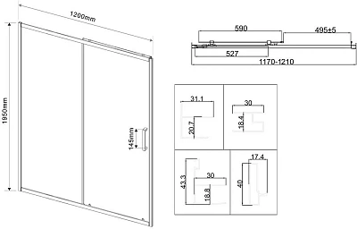 Дверь для душа VINCEA City VDS-5CT120CLB, 1200, черный, стекло прозрачное 5 мм