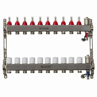 Коллектор с расходомерами 8-вых нерж. БЕЗ кранов  (внешний тройник, расход., дрен.кран, воздухоотв.) ELITELINE (KMV-004-8)