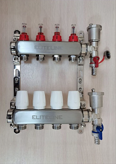 Коллектор с расходомерами 5-вых нерж. БЕЗ кранов  (внешний тройник, расход., дрен.кран, воздухоотв.) ELITELINE (KMV-004-5)
