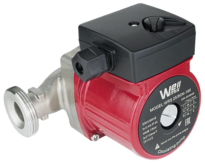 Насос цирк. WRS 25/60-180 N (нерж.) DN25, PN10, Qmax=3,3 м3/ч, Hmax=6м, Tmax=110°С, 220В, 100Вт, 3-скор., с гайками (17109980) Wellmix
