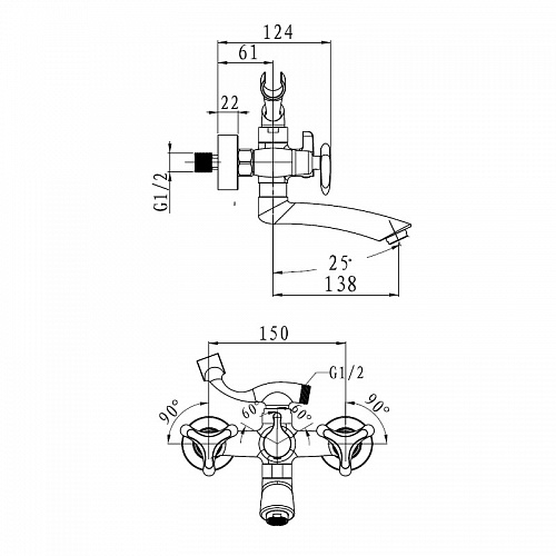 Смес д/ванны Kaiser Trio кер.излив 15см (57122)