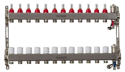 Коллектор с расходомерами 12-вых нерж. БЕЗ кранов (внешний тройник, расход., дрен.кран, воздухоотв.) ELITELINE (KMV-004-12)