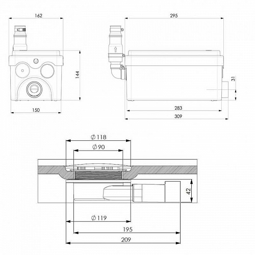 Насос санитарный SANIDOUCHE FLAT 2 умыв. (t max= 35-50 C, Qmax=45л/мин) 3м?30м ? 250 Вт SFA