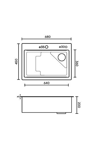 Мойка нерж врезная  FABIA PROFI 68х45 (3,0х0.9 200) с отверстием (угловой сифон+корзина+врезка для дозатора) 68453