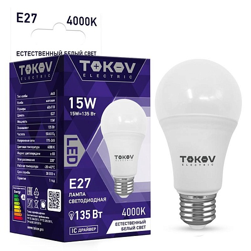 Лампа светодиодная 15Вт A60 4000К Е27 176-264В TOKOV ELECTRIC 1660372