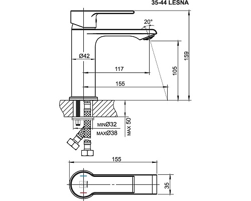 Смеситель д/умывальника BIG LESNA d-35 хром 3544 ARGO 44448 АКЦИЯ