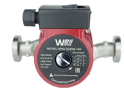 Насос цирк. WRS 25/60-180 N (нерж.) DN25, PN10, Qmax=3,3 м3/ч, Hmax=6м, Tmax=110°С, 220В, 100Вт, 3-скор., с гайками (17109980) Wellmix