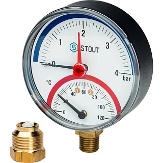 Термоманометр 0...4 bar 0...120' C с автомат.запорным клапаном Dn 80 1/2" (SIM-0006-800415) радиальный
